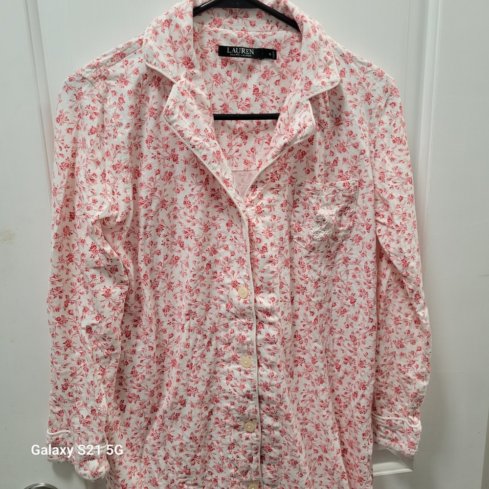 Lauren Ralph Lauren Cotton Floral Pajama Nightshirt Pink White Long Sleeve Small